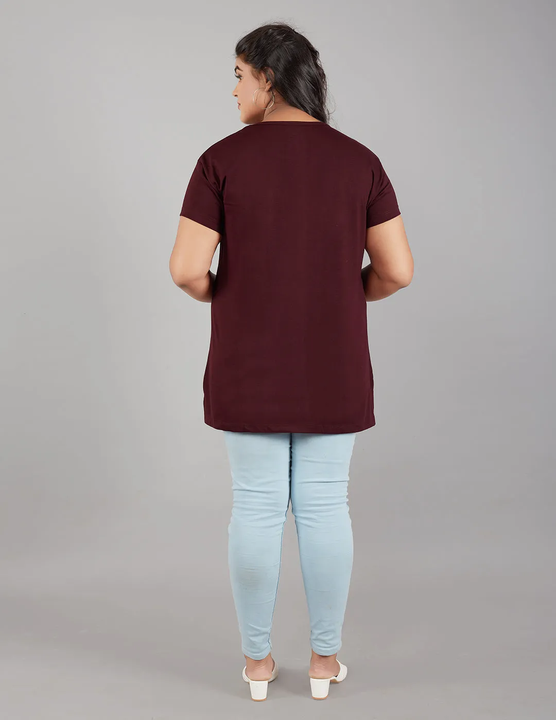 Plus Size Plain Cotton T-Shirt For Women - Wine