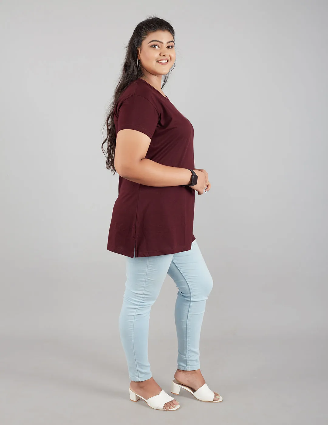 Plus Size Plain Cotton T-Shirt For Women - Wine