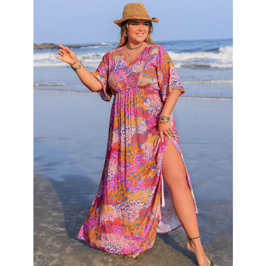 Plus Size Slit Printed Half Sleeve Dress