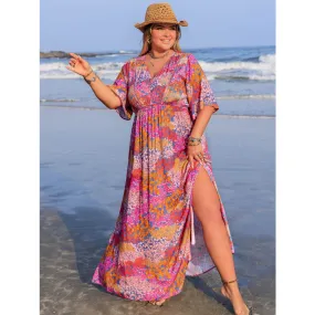 Plus Size Slit Printed Half Sleeve Dress