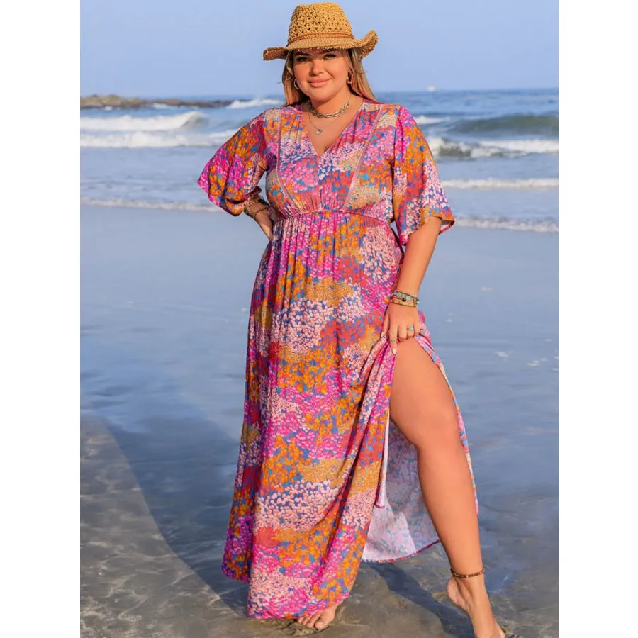 Plus Size Slit Printed Half Sleeve Dress