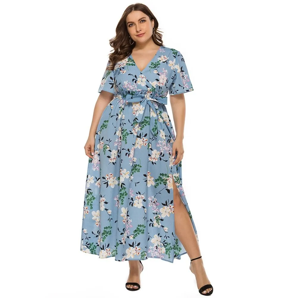 Plus Size Summer Women Beach Boho V Neck Short Sleeve Floral Print Slit Side Long Maxi Bohemian Dress