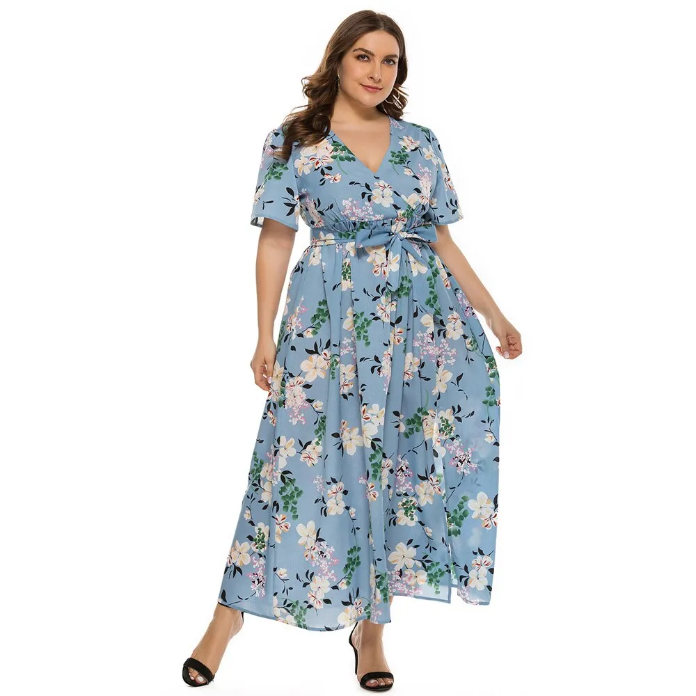 Plus Size Summer Women Beach Boho V Neck Short Sleeve Floral Print Slit Side Long Maxi Bohemian Dress