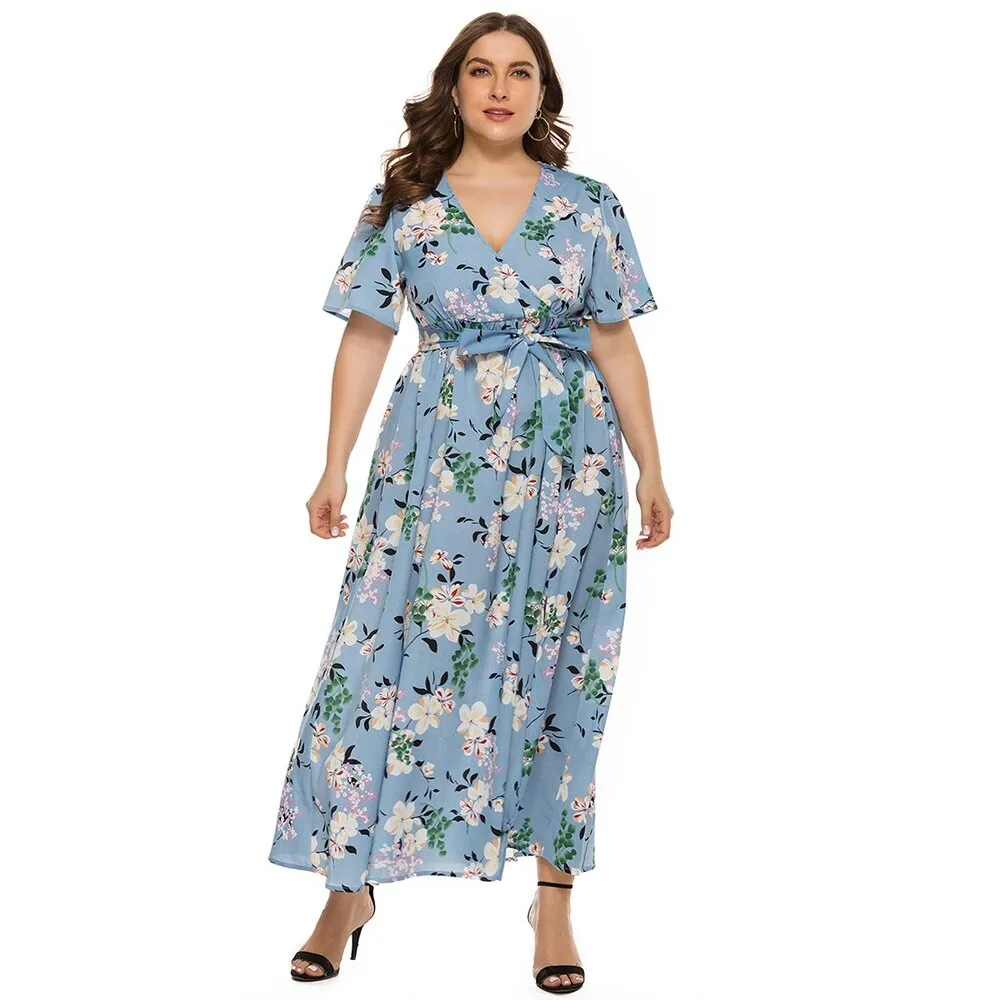 Plus Size Summer Women Beach Boho V Neck Short Sleeve Floral Print Slit Side Long Maxi Bohemian Dress