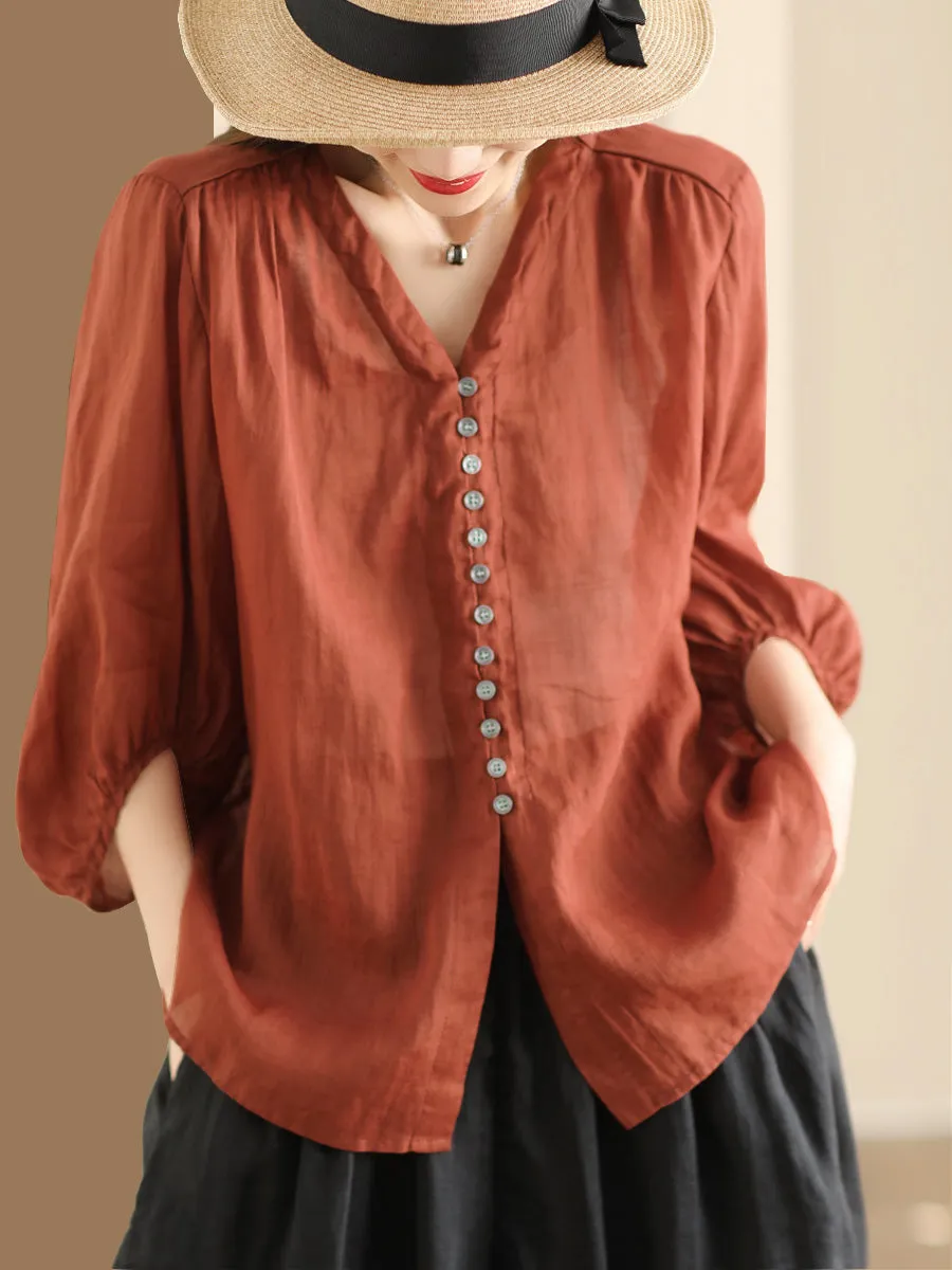 Plus Size Women Casual Summer Solid Button-up Ramie Shirt PA1038