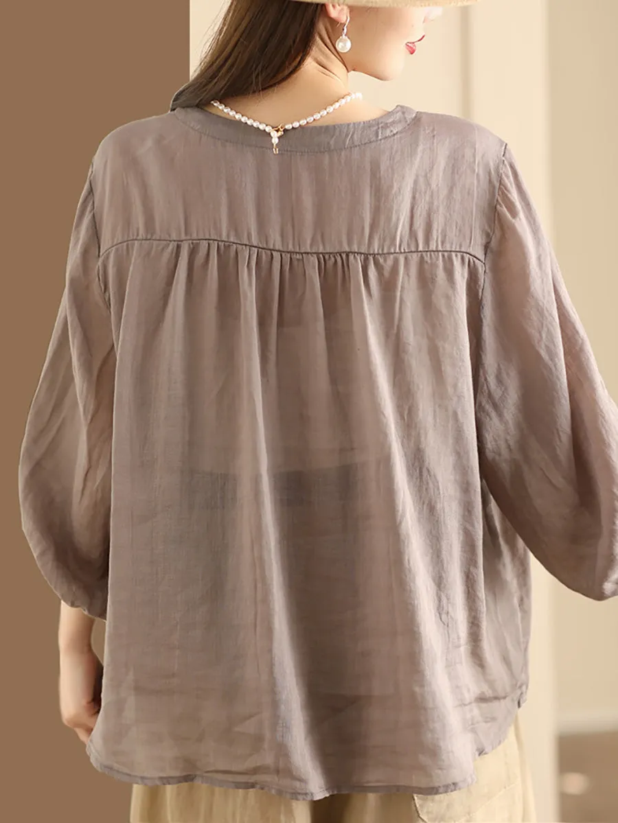 Plus Size Women Casual Summer Solid Button-up Ramie Shirt PA1038