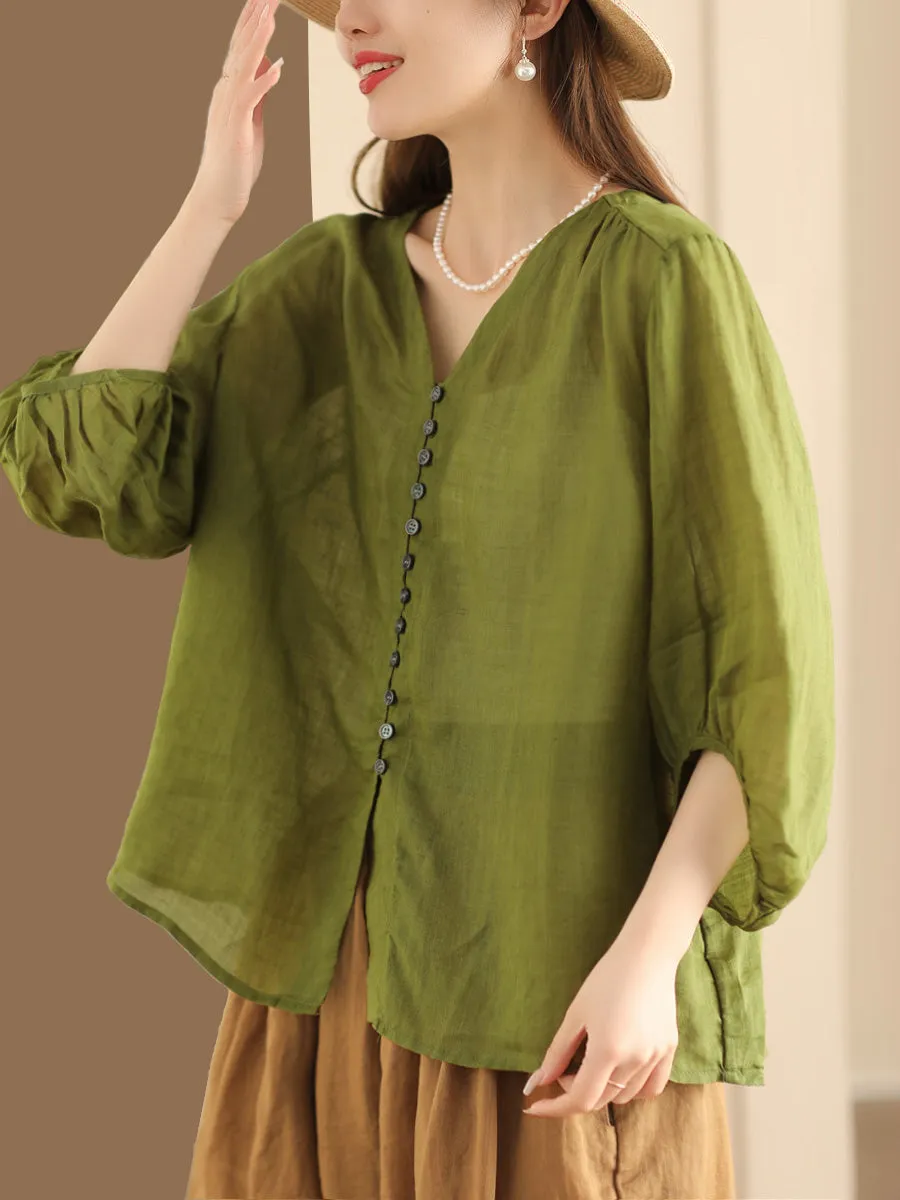 Plus Size Women Casual Summer Solid Button-up Ramie Shirt PA1038