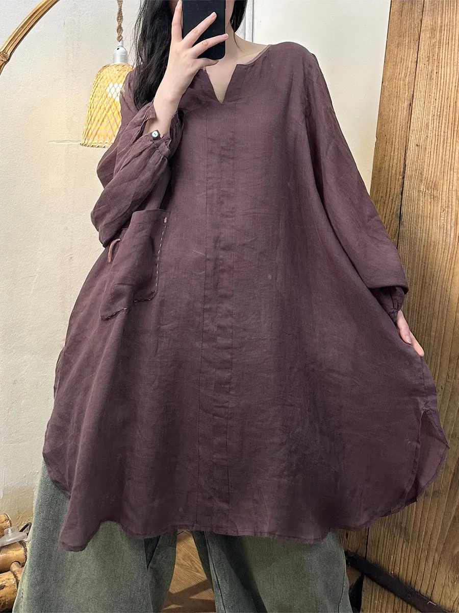 Plus Size Women Spring Solid Loose Ramie Long Shirt KL1020