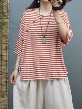 Plus Size Women Summer Vintage Stripe Linen Shirt SC1027