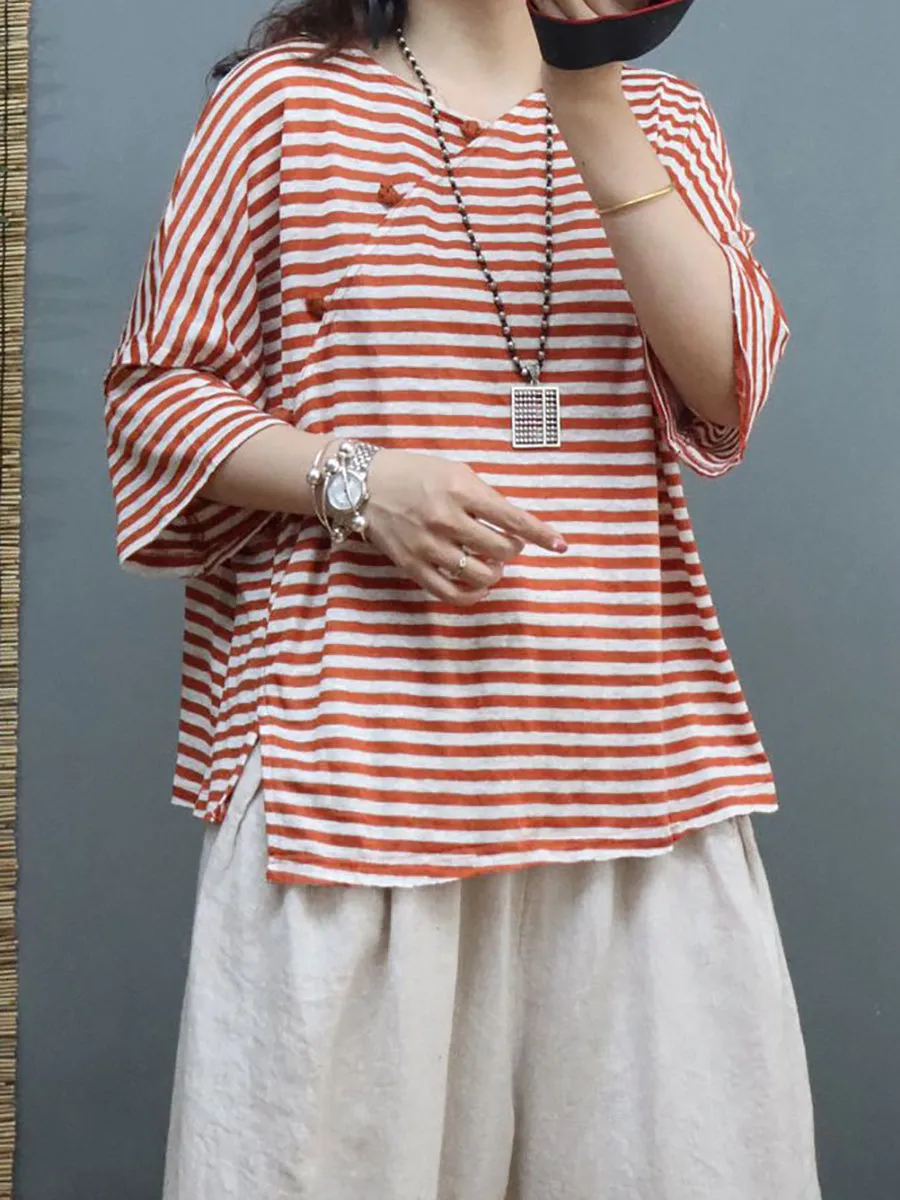 Plus Size Women Summer Vintage Stripe Linen Shirt SC1027