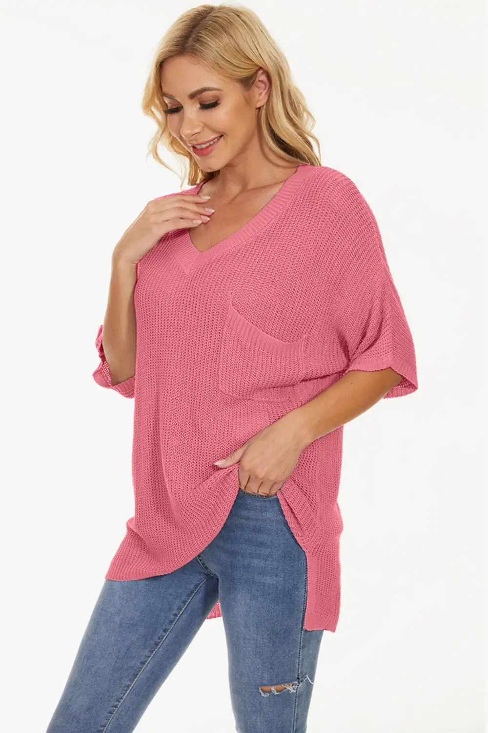 Pocketed V-Neck Half Sleeve Knit Top