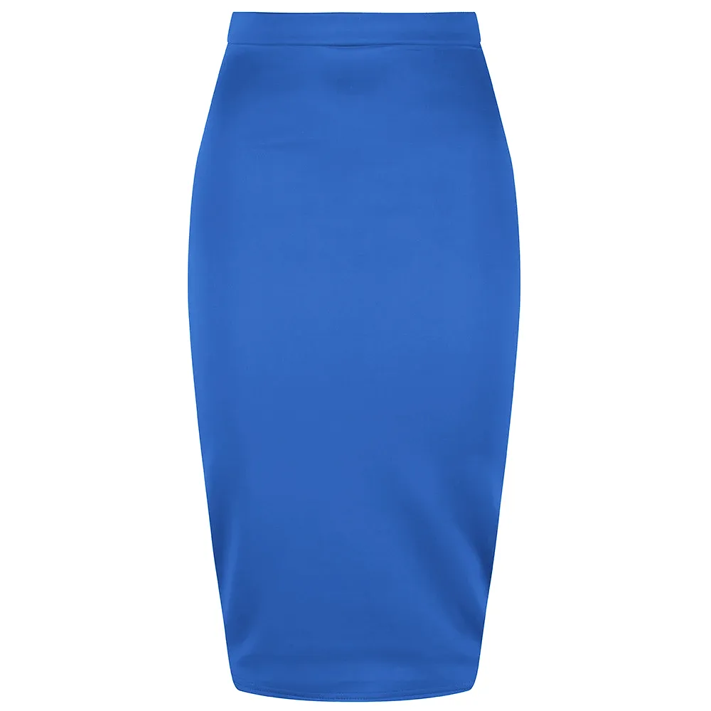 Royal Blue Stretch Pencil Bodycon Midi Work Office Skirt