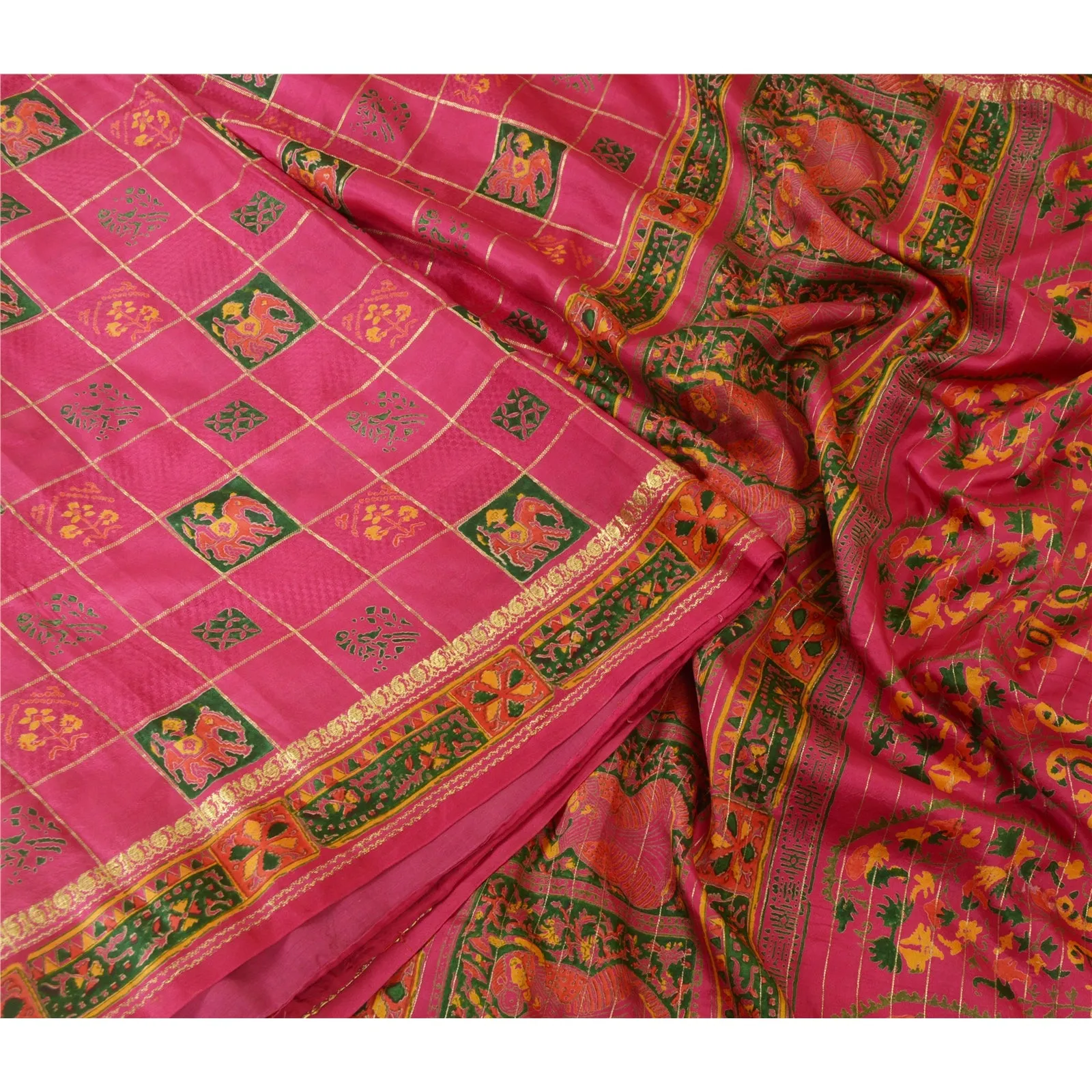 Sanskriti Vintage Sarees Pink Zari Work Women Print Pure Silk Sari Craft Fabric