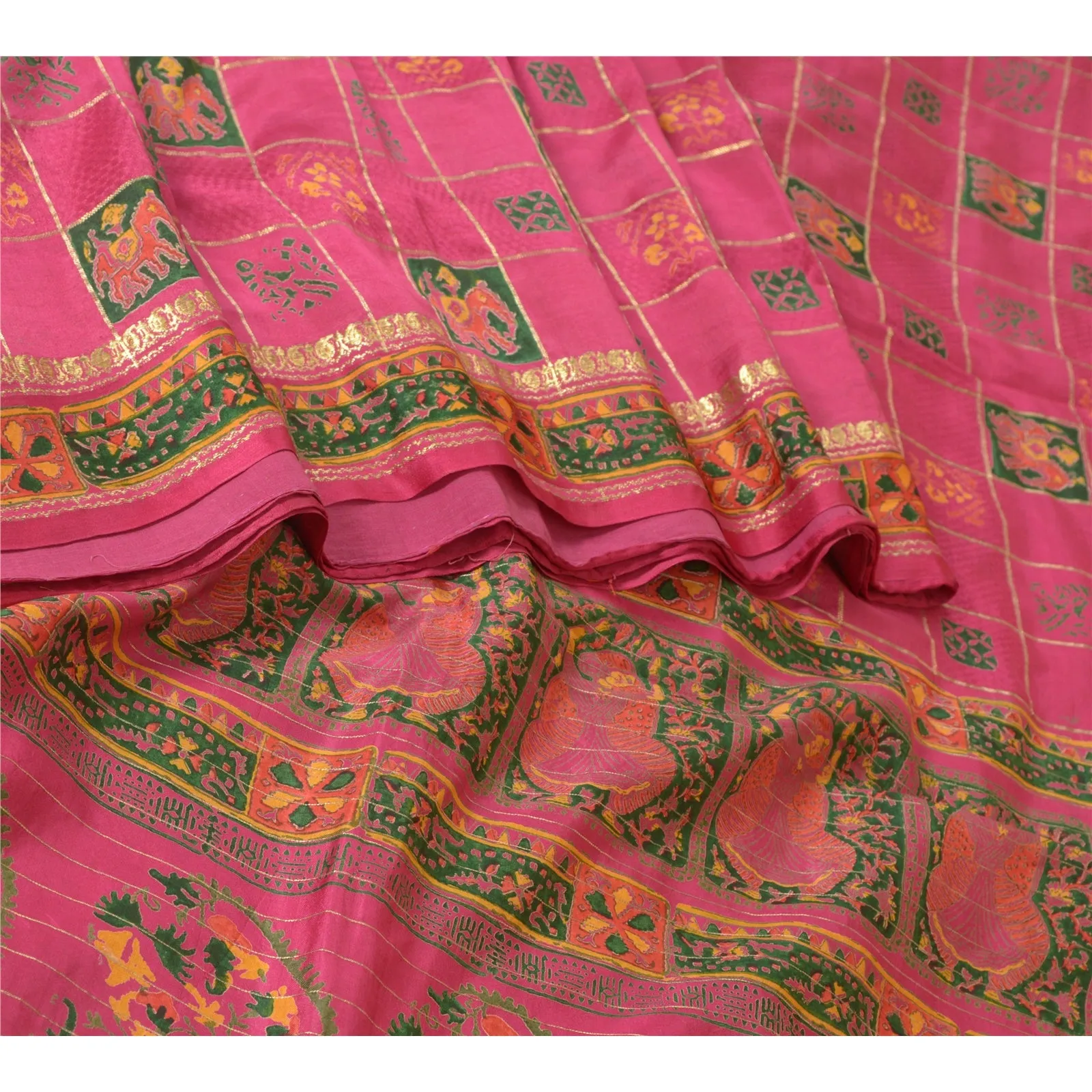 Sanskriti Vintage Sarees Pink Zari Work Women Print Pure Silk Sari Craft Fabric