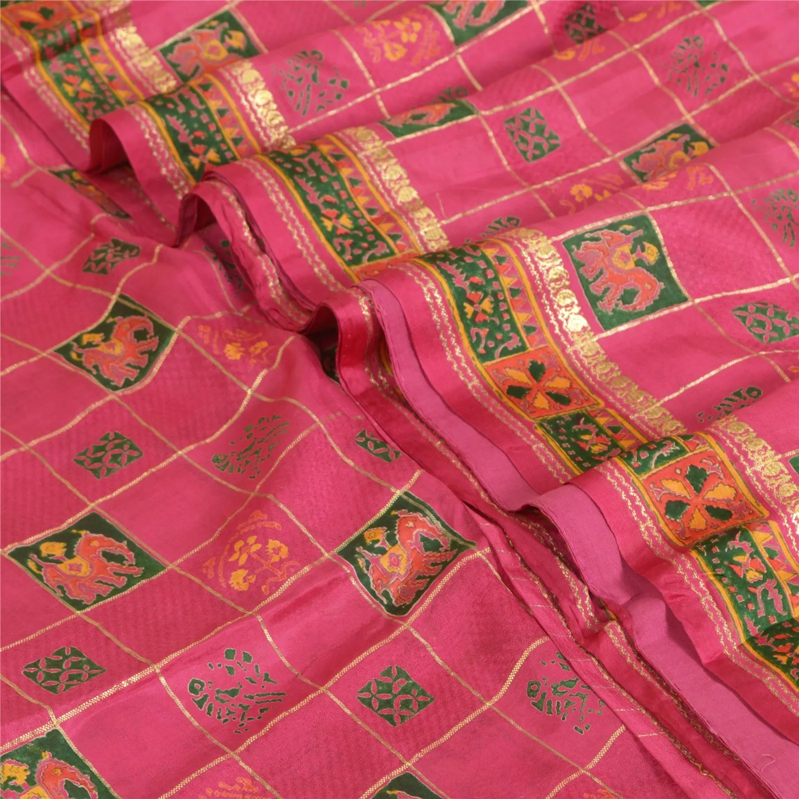 Sanskriti Vintage Sarees Pink Zari Work Women Print Pure Silk Sari Craft Fabric