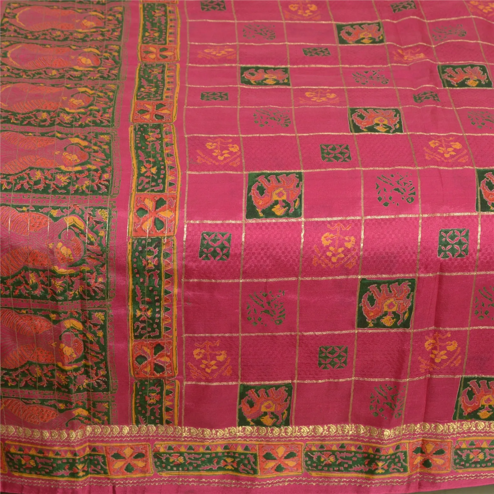 Sanskriti Vintage Sarees Pink Zari Work Women Print Pure Silk Sari Craft Fabric