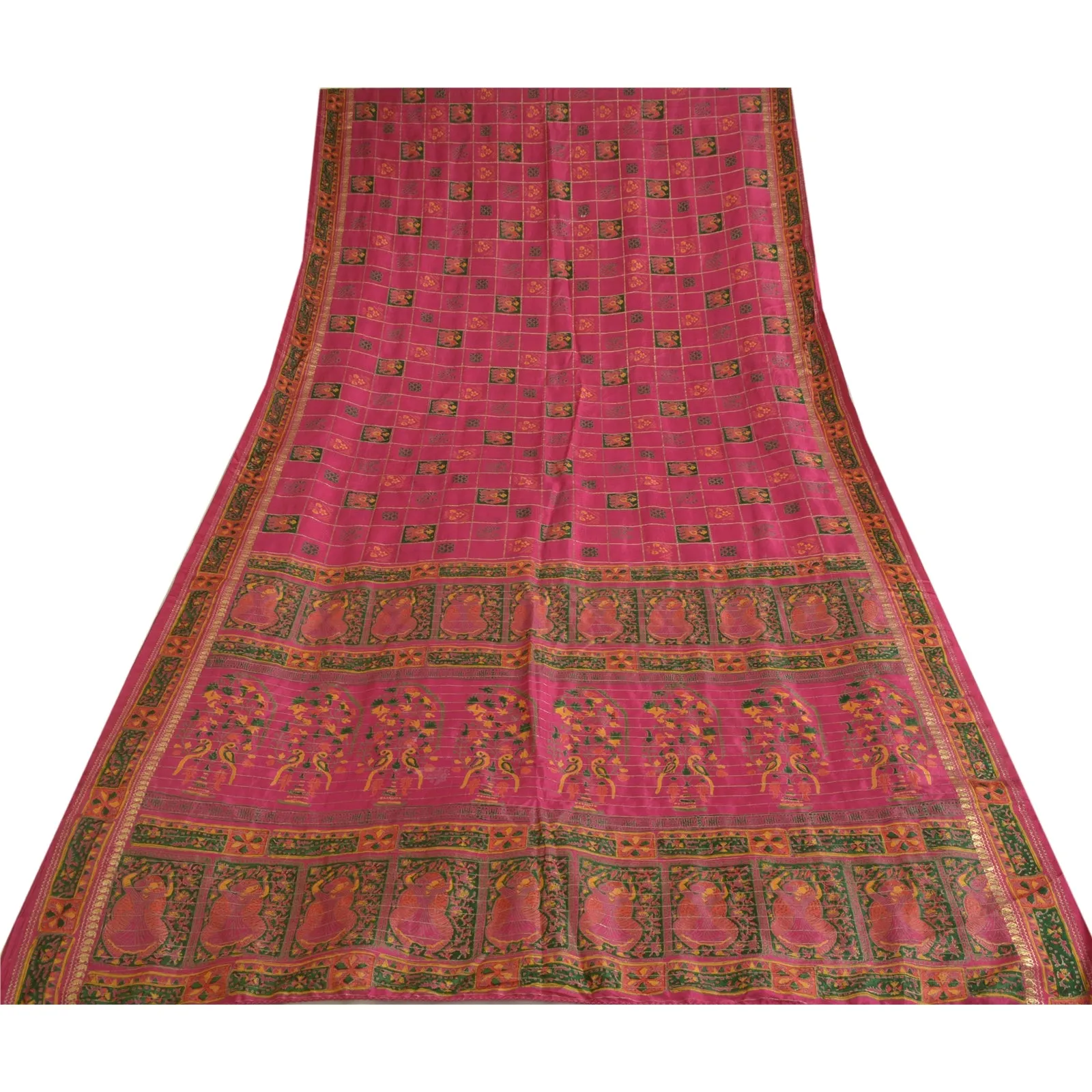 Sanskriti Vintage Sarees Pink Zari Work Women Print Pure Silk Sari Craft Fabric