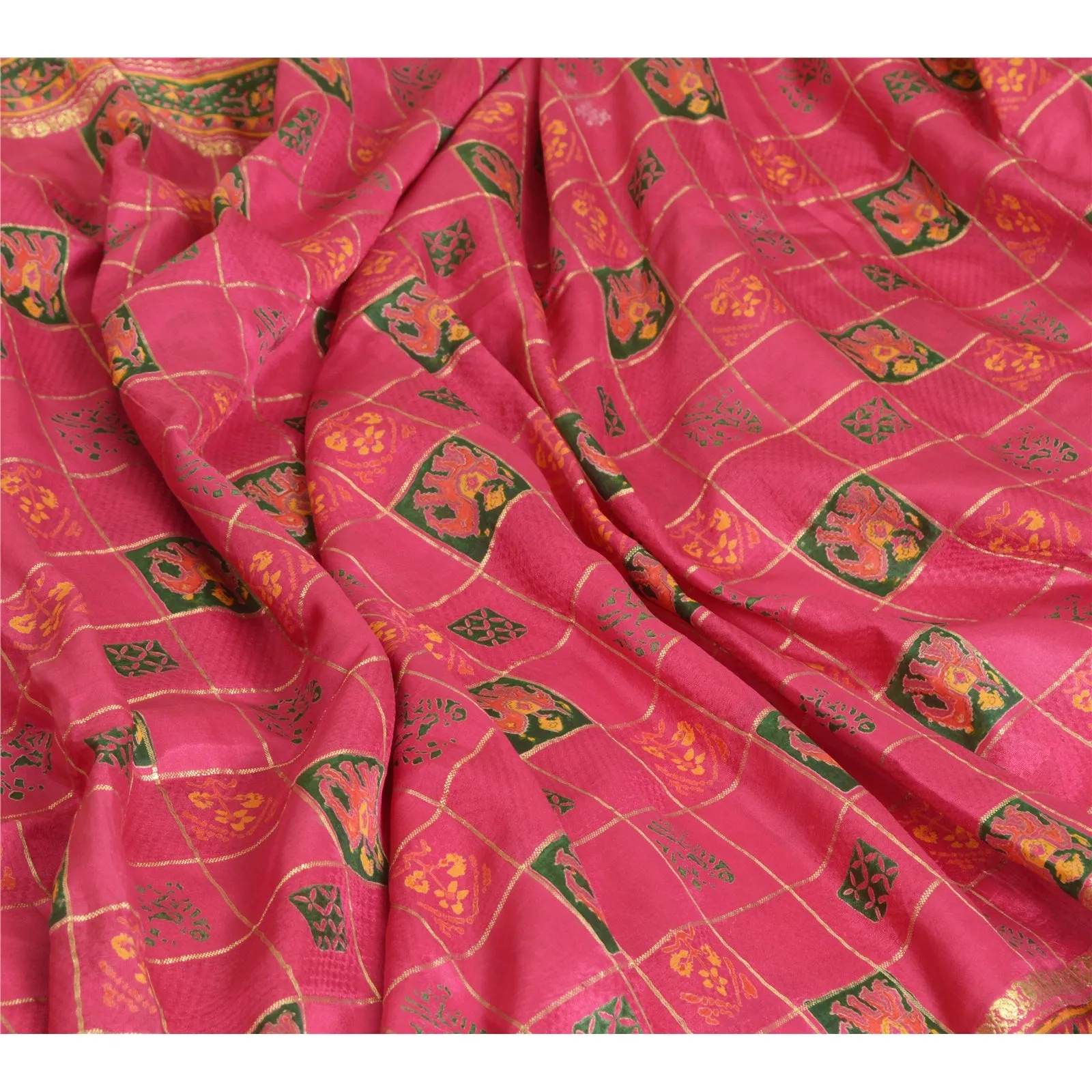 Sanskriti Vintage Sarees Pink Zari Work Women Print Pure Silk Sari Craft Fabric