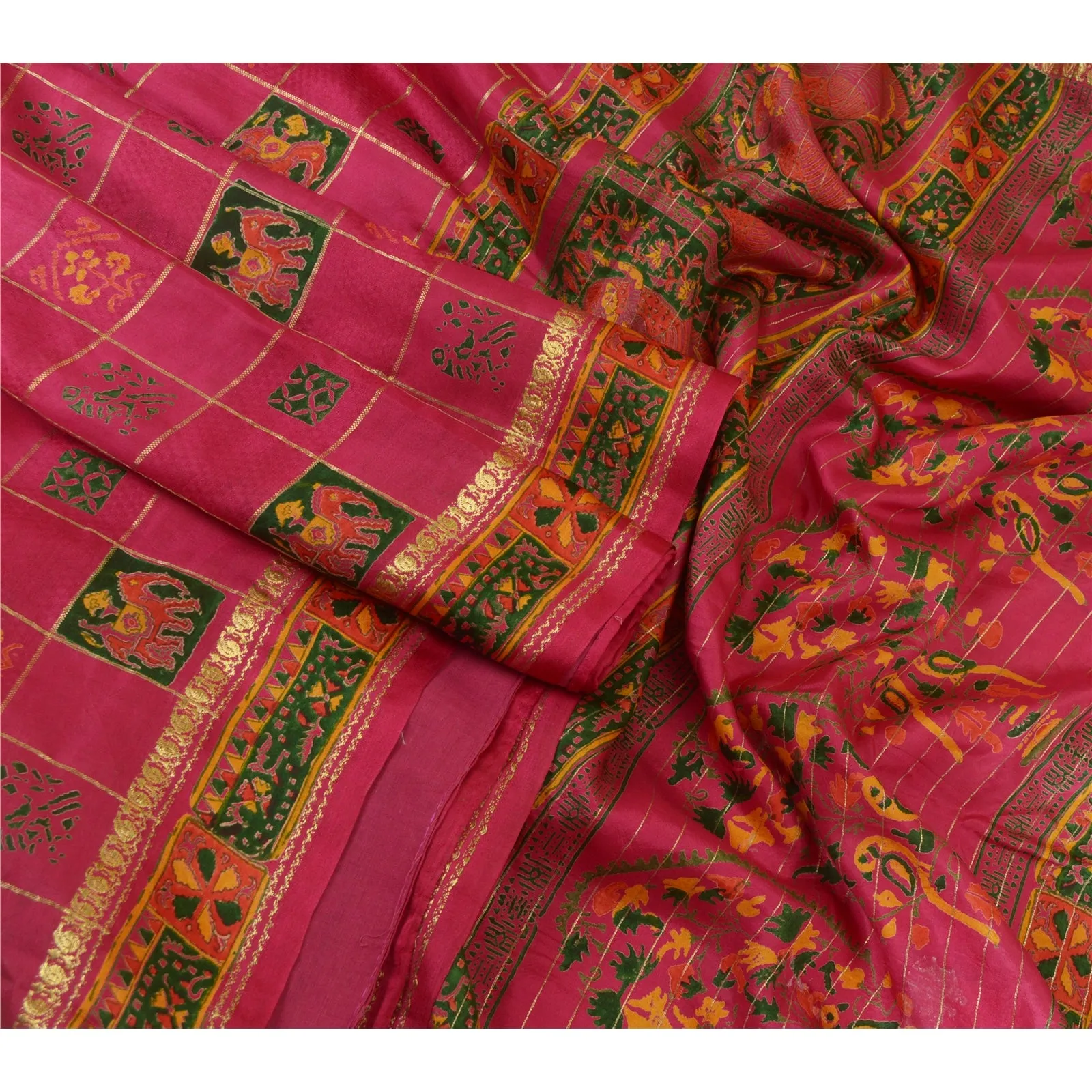 Sanskriti Vintage Sarees Pink Zari Work Women Print Pure Silk Sari Craft Fabric