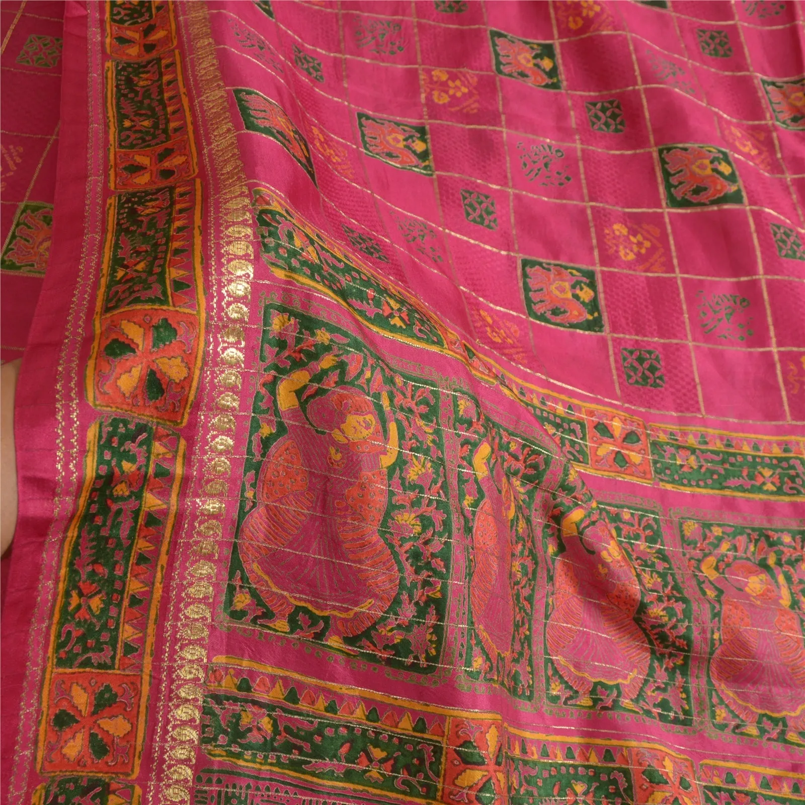 Sanskriti Vintage Sarees Pink Zari Work Women Print Pure Silk Sari Craft Fabric