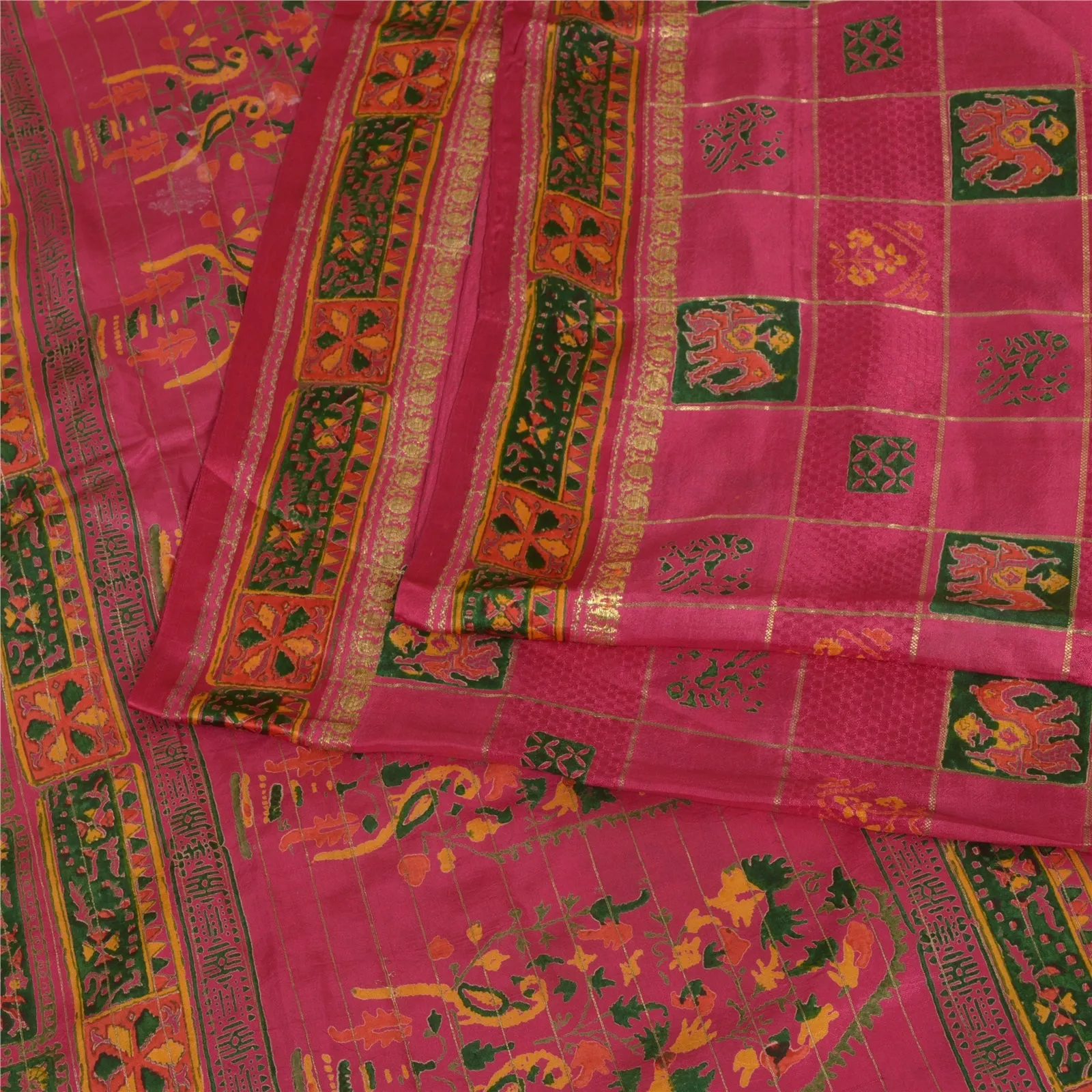 Sanskriti Vintage Sarees Pink Zari Work Women Print Pure Silk Sari Craft Fabric