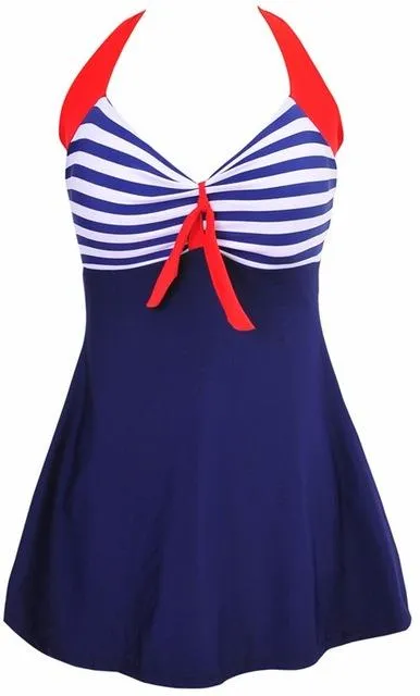 Sexy Plus Size Stripe Padded Halter Skirt One Piece Swimwear for Women