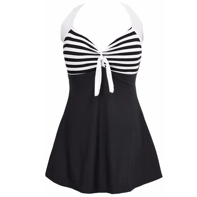 Sexy Plus Size Stripe Padded Halter Skirt One Piece Swimwear for Women