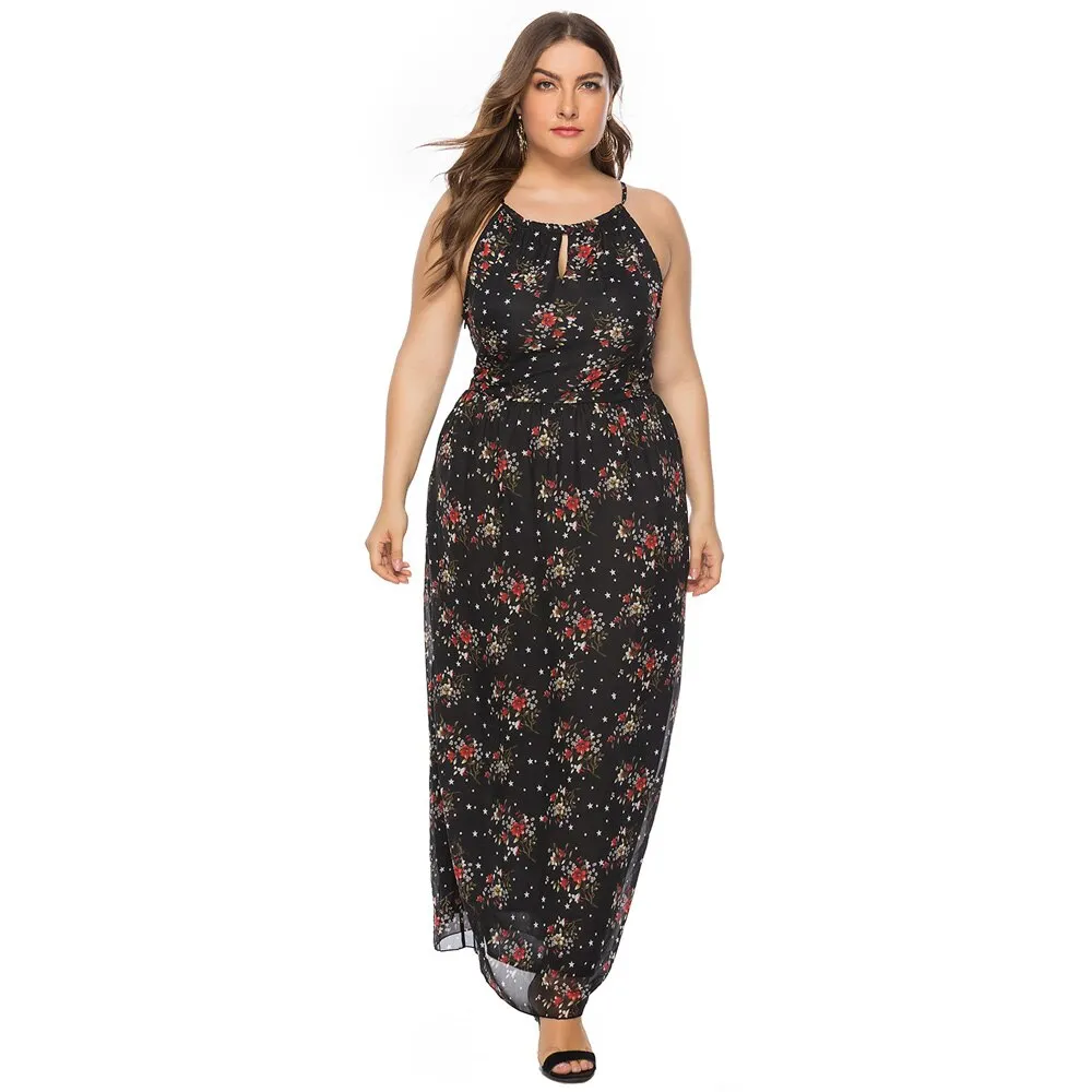 Sexy Plus Size Women Boho Chiffon Black Floral Print Sleeveless Long Maxi Bohemian Dress