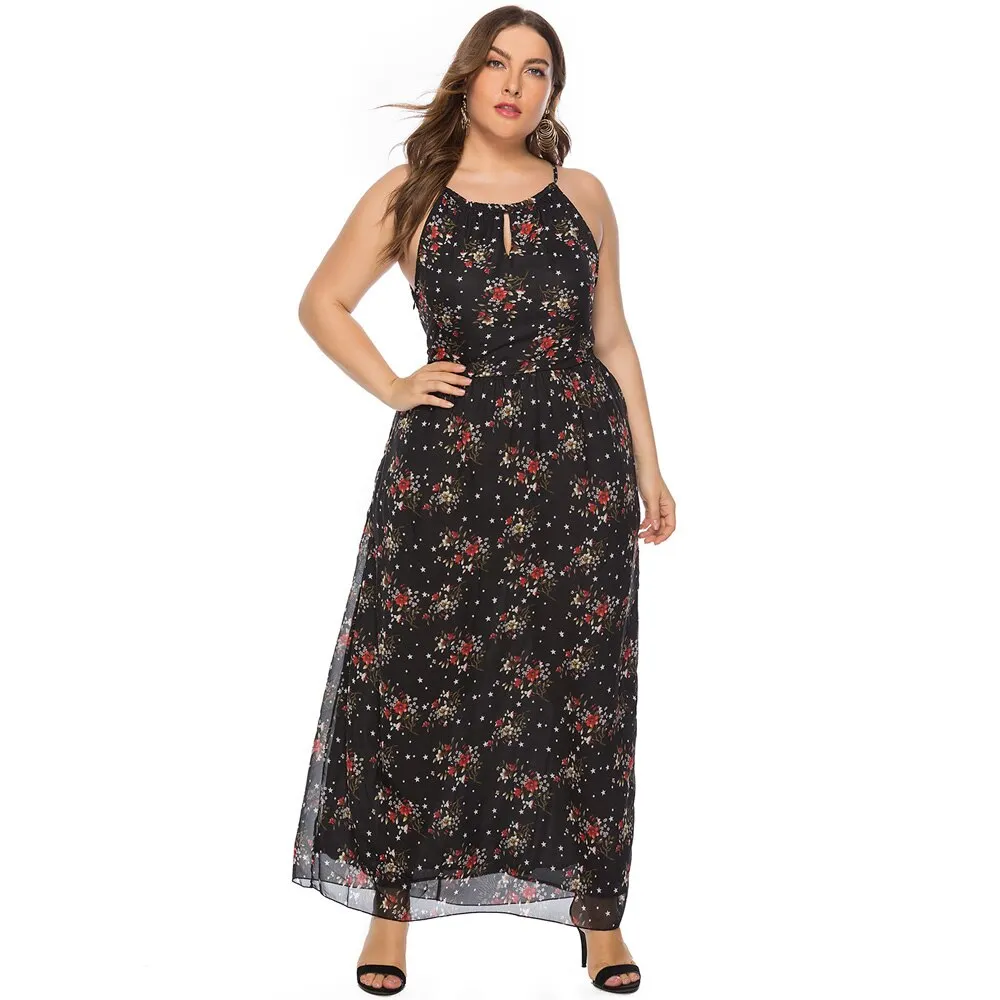 Sexy Plus Size Women Boho Chiffon Black Floral Print Sleeveless Long Maxi Bohemian Dress