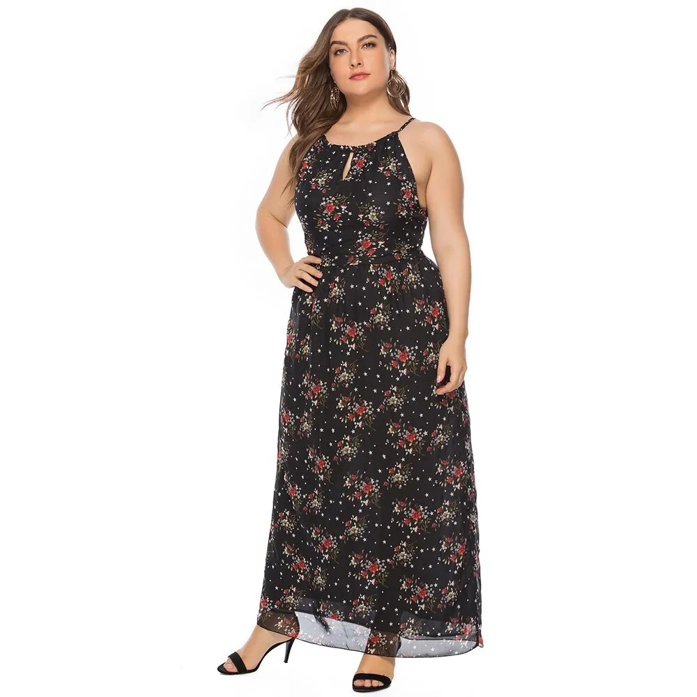 Sexy Plus Size Women Boho Chiffon Black Floral Print Sleeveless Long Maxi Bohemian Dress