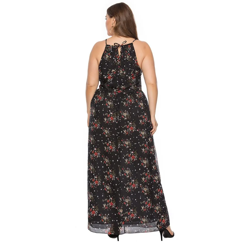 Sexy Plus Size Women Boho Chiffon Black Floral Print Sleeveless Long Maxi Bohemian Dress