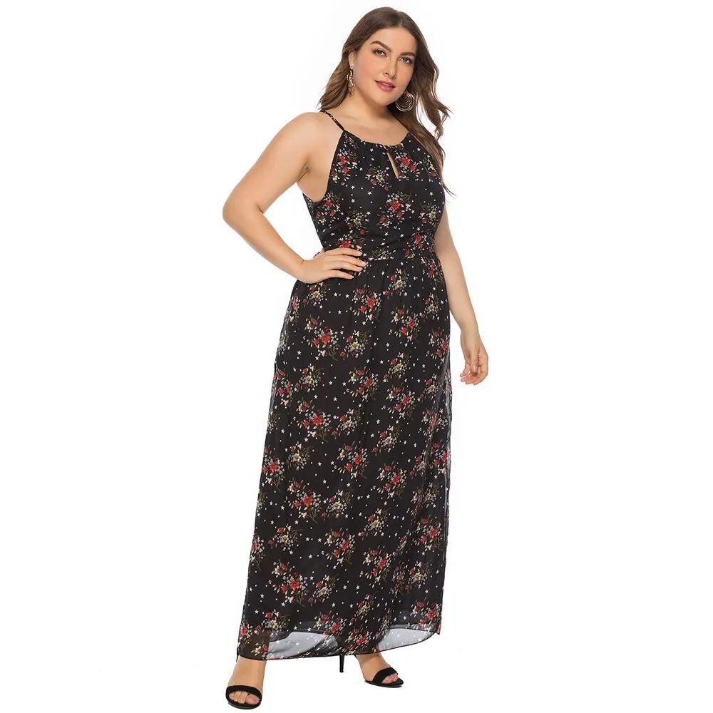 Sexy Plus Size Women Boho Chiffon Black Floral Print Sleeveless Long Maxi Bohemian Dress