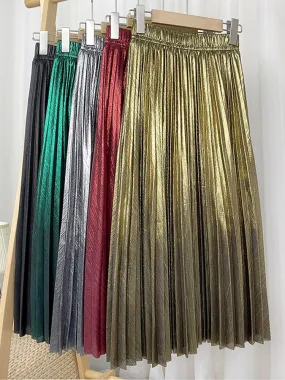 Spring Women Metallic Pleated Skirt Elastic High Waist Elegant Vintage Midi Skirt