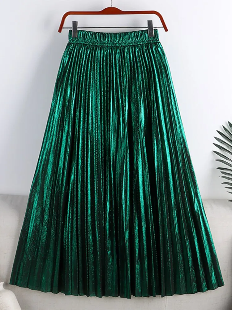 Spring Women Metallic Pleated Skirt Elastic High Waist Elegant Vintage Midi Skirt