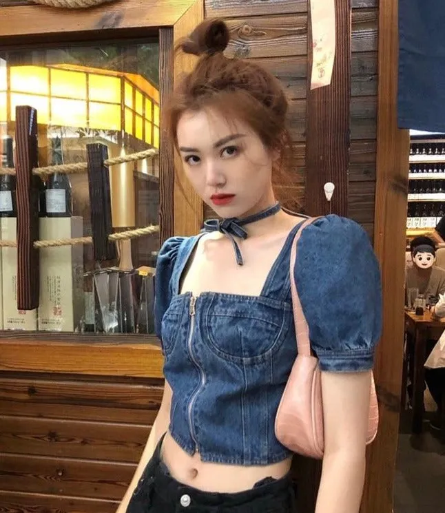 Square Collar Zipper Women Sexy Vintage Short Sleeve Denim Blouse