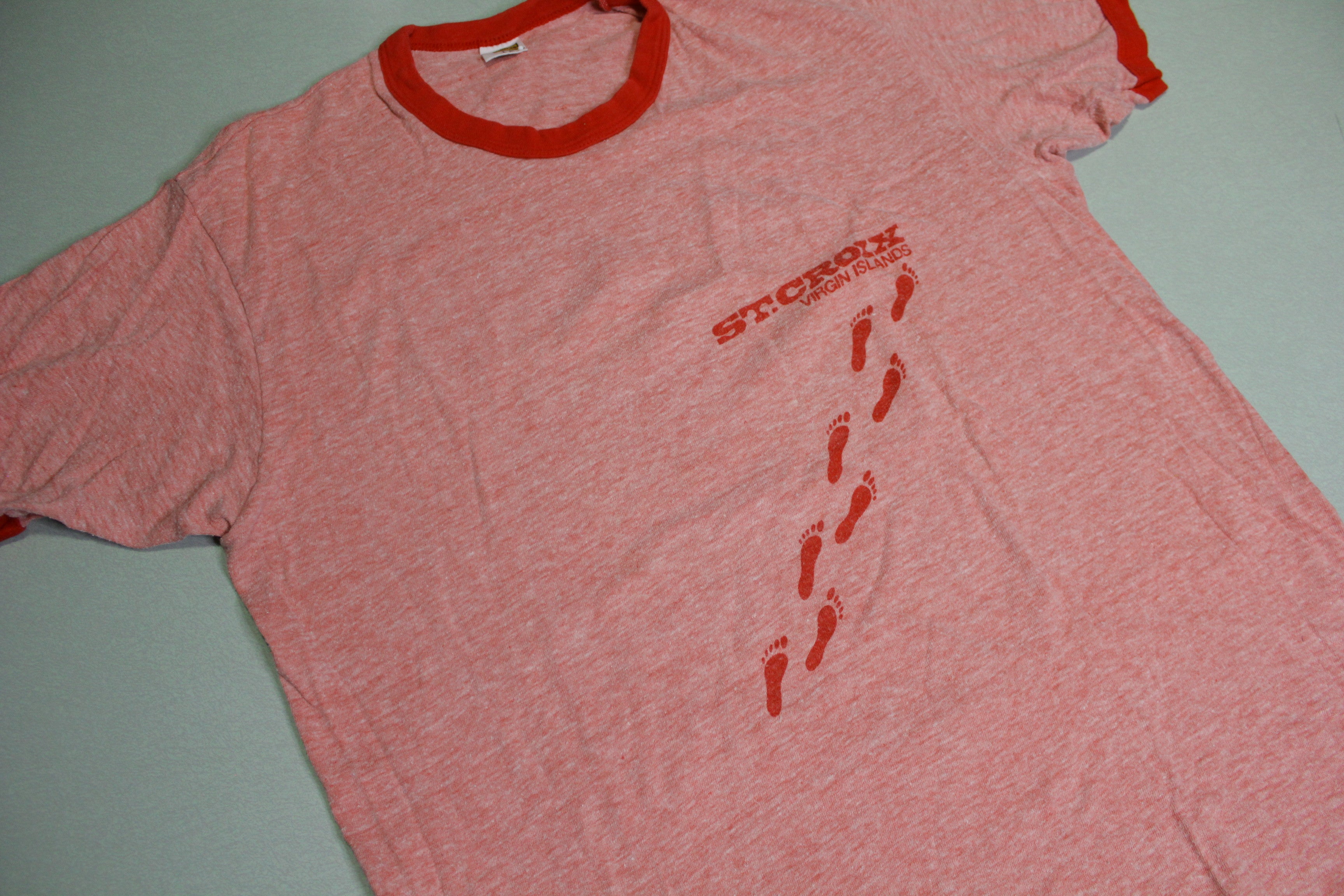 St. Croix Virgin Islands Vintage 80's Heathered Red Ringer Footprints T-Shirt