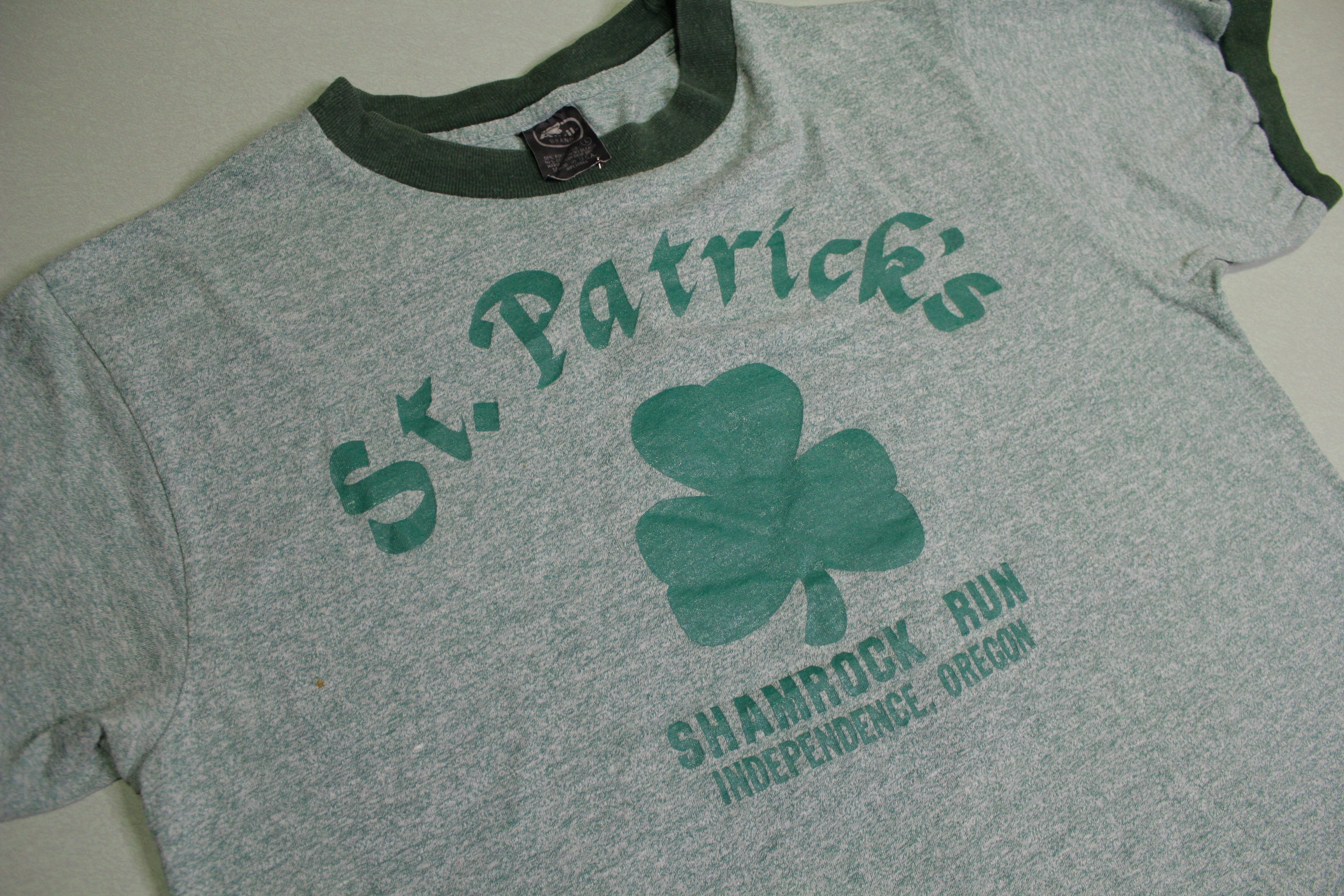 St. Patrick's Shamrock Run Independence Oregon Vintage 80's Ringer Marathon T-Shirt