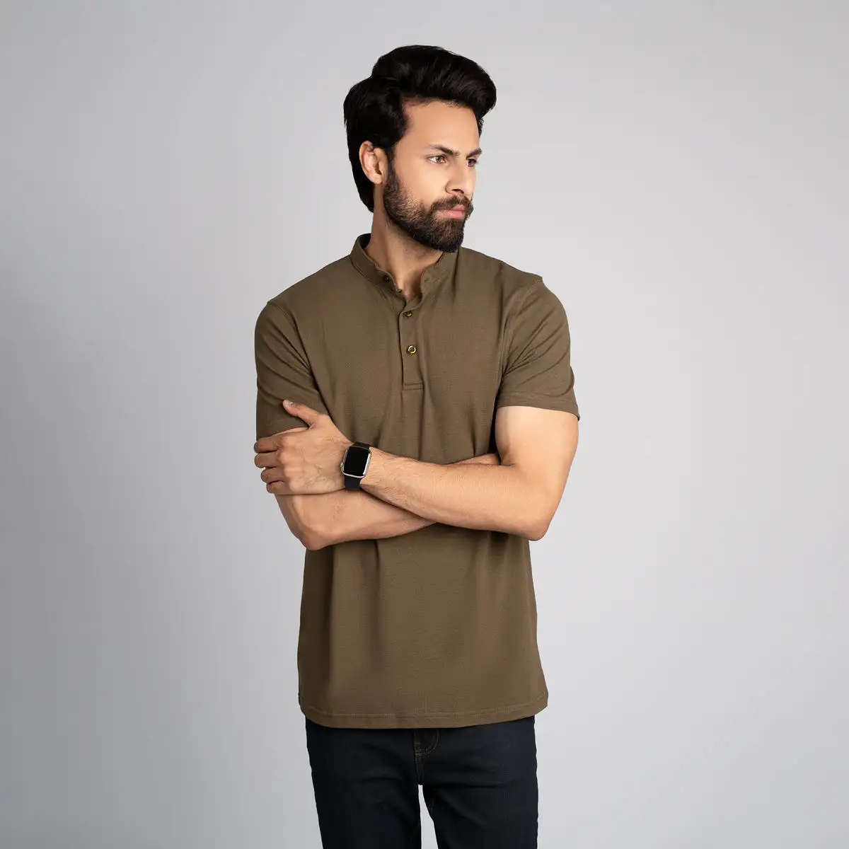 Stand Up Collar Half Sleeve Henley - HSSM1230008