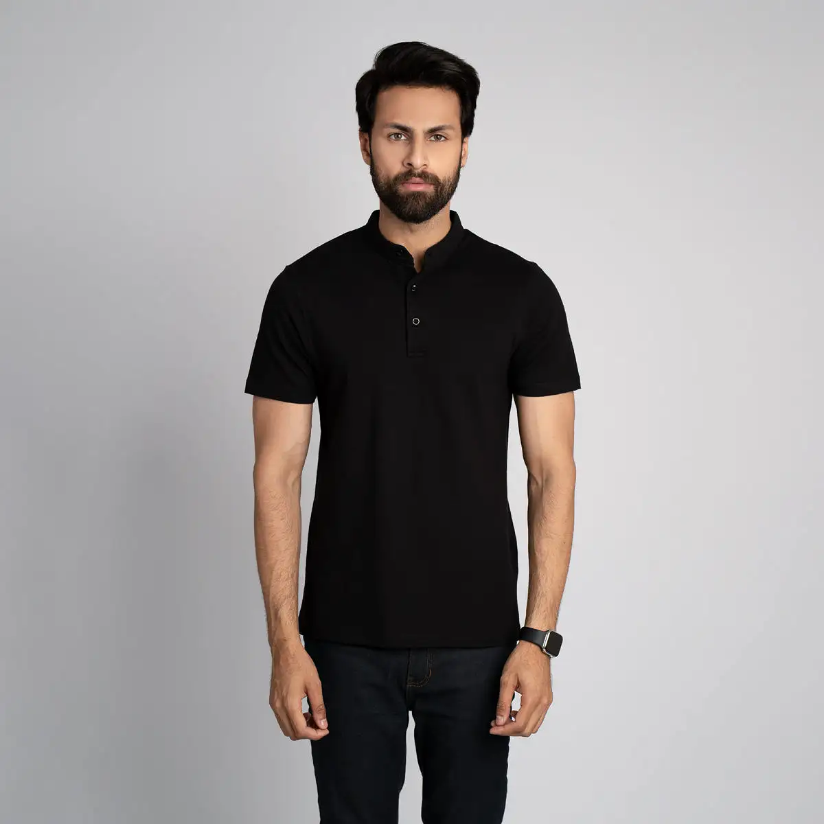 Stand Up Collar Half Sleeve Henley - HSSM1230008