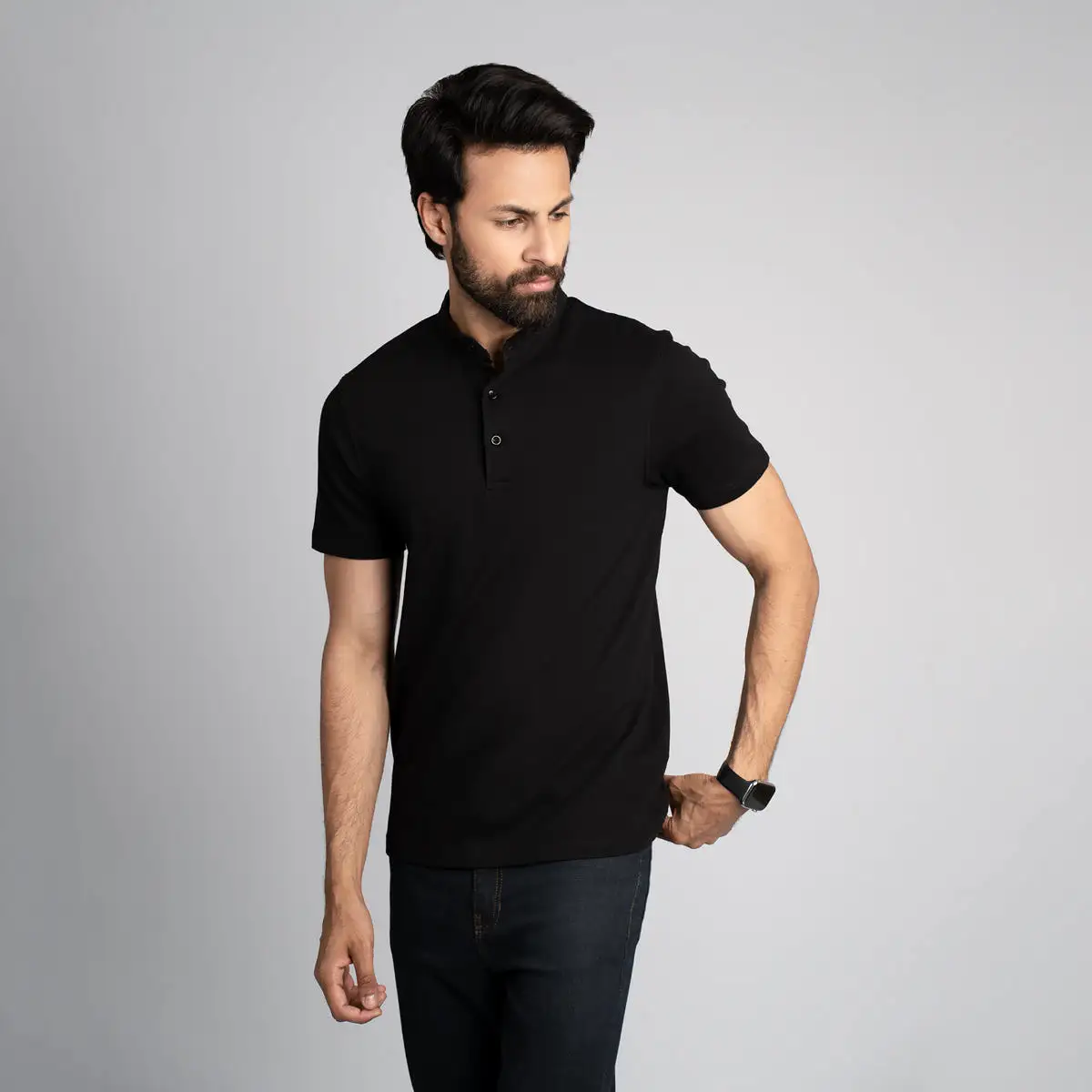 Stand Up Collar Half Sleeve Henley - HSSM1230008