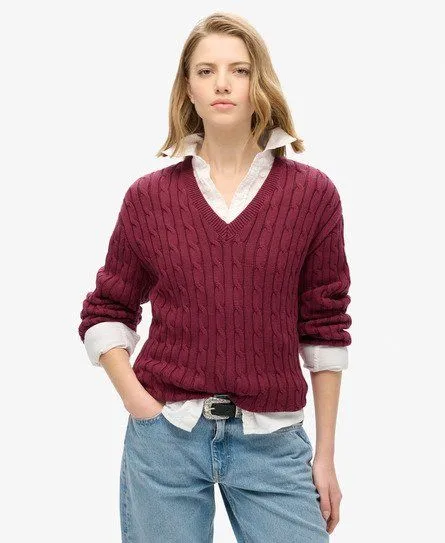 Superdry Women's Oversized V Neck Cable Jumper Red / Bordeaux Red - Size: 6-8