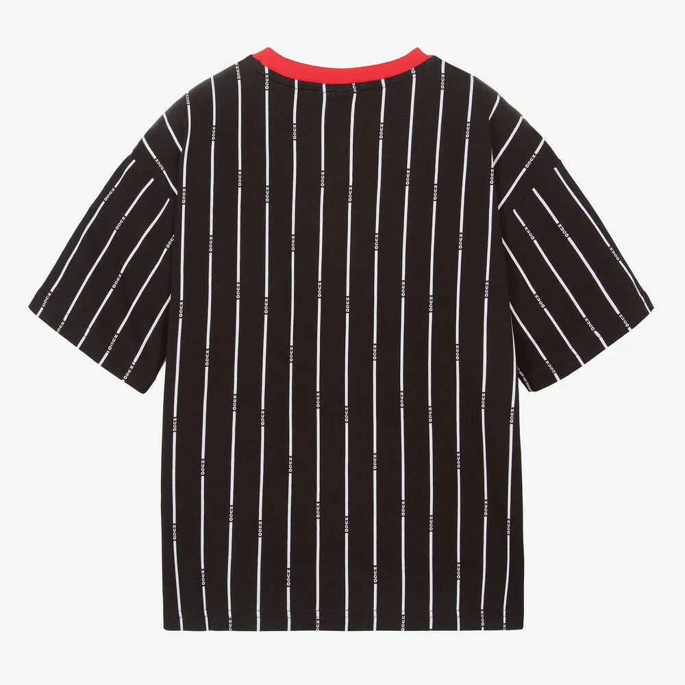 Teen Boys Black Cotton Striped T-Shirt