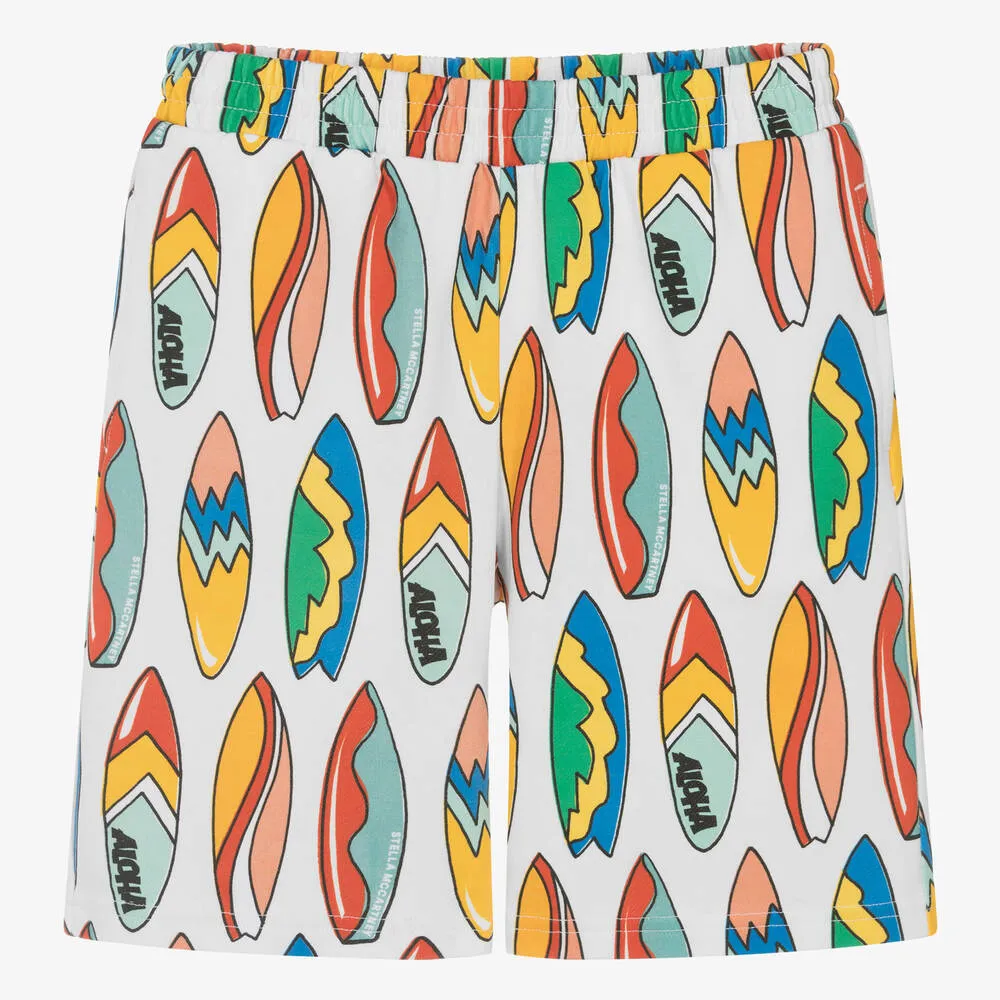 Teen Boys White Surfboard Print Cotton Shorts