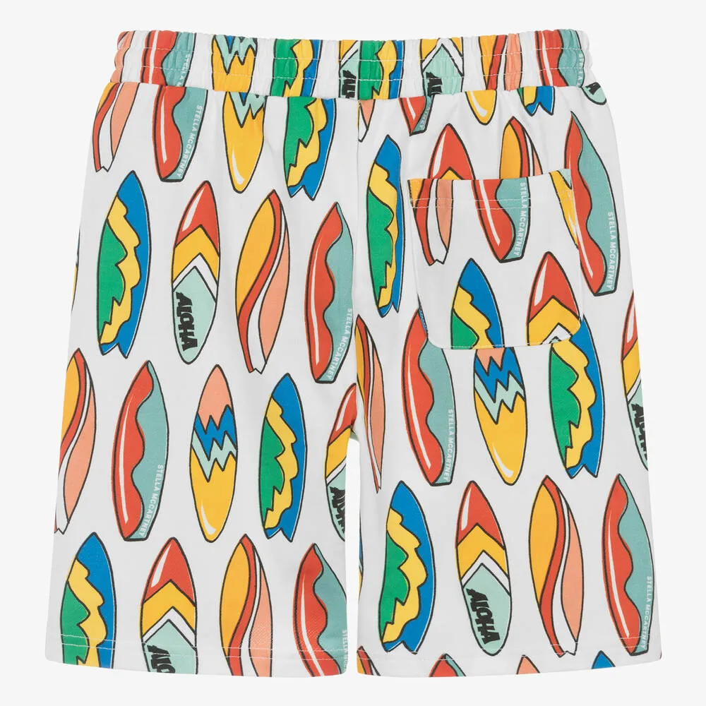 Teen Boys White Surfboard Print Cotton Shorts