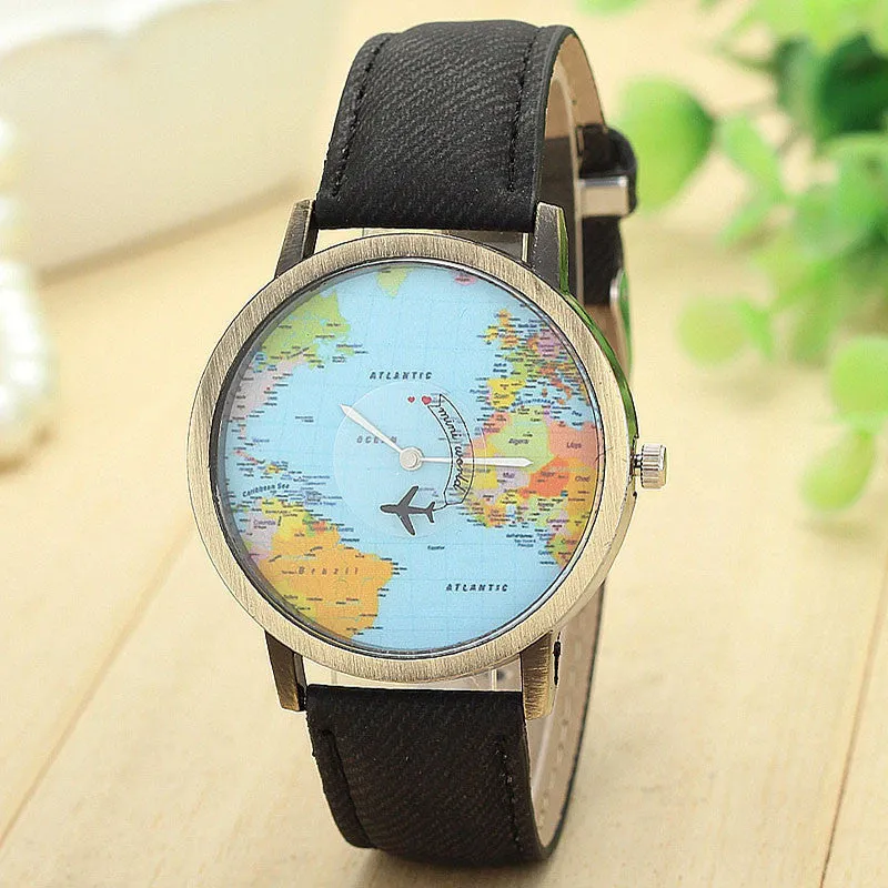 Top Vintage Watch Luxury Relojes Map Women Dress Watch Denim Fabric Band Global Travel By Plane Print Men Clocks