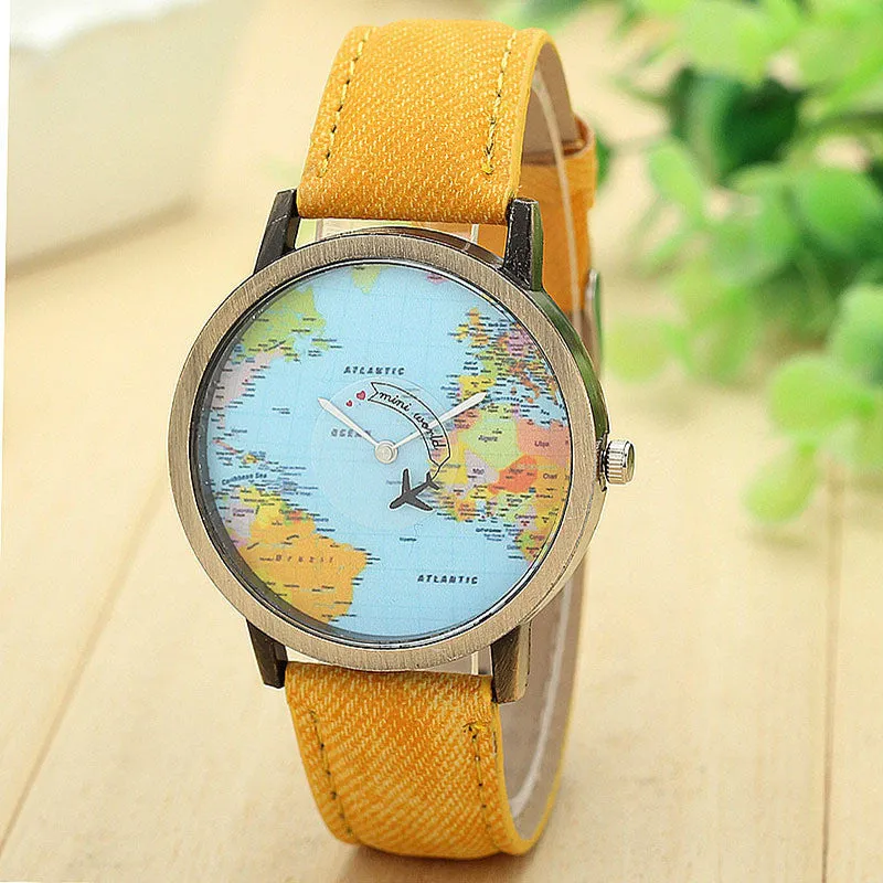 Top Vintage Watch Luxury Relojes Map Women Dress Watch Denim Fabric Band Global Travel By Plane Print Men Clocks