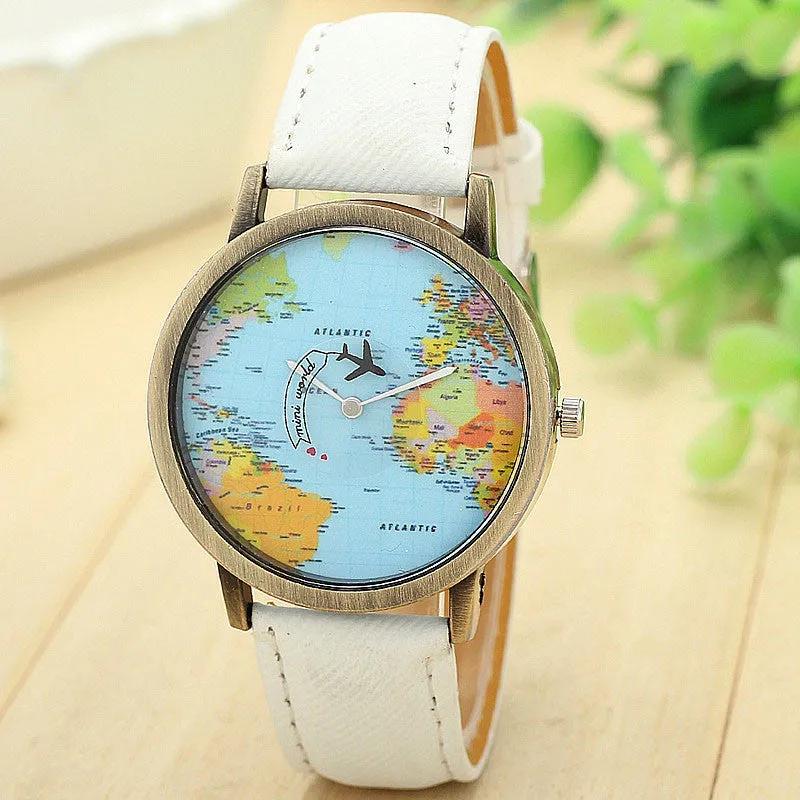 Top Vintage Watch Luxury Relojes Map Women Dress Watch Denim Fabric Band Global Travel By Plane Print Men Clocks