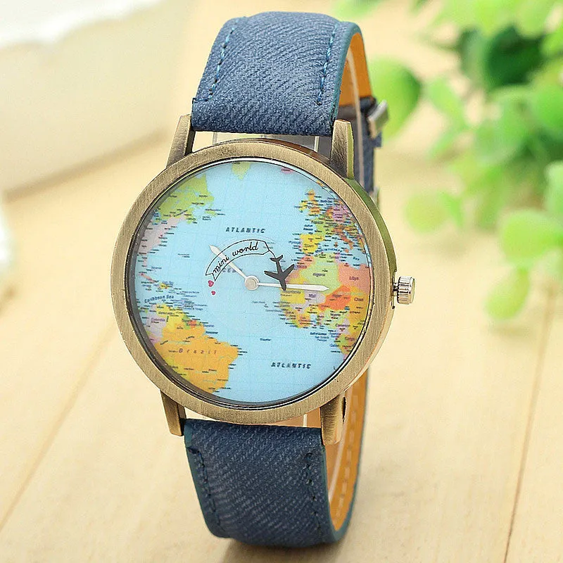 Top Vintage Watch Luxury Relojes Map Women Dress Watch Denim Fabric Band Global Travel By Plane Print Men Clocks