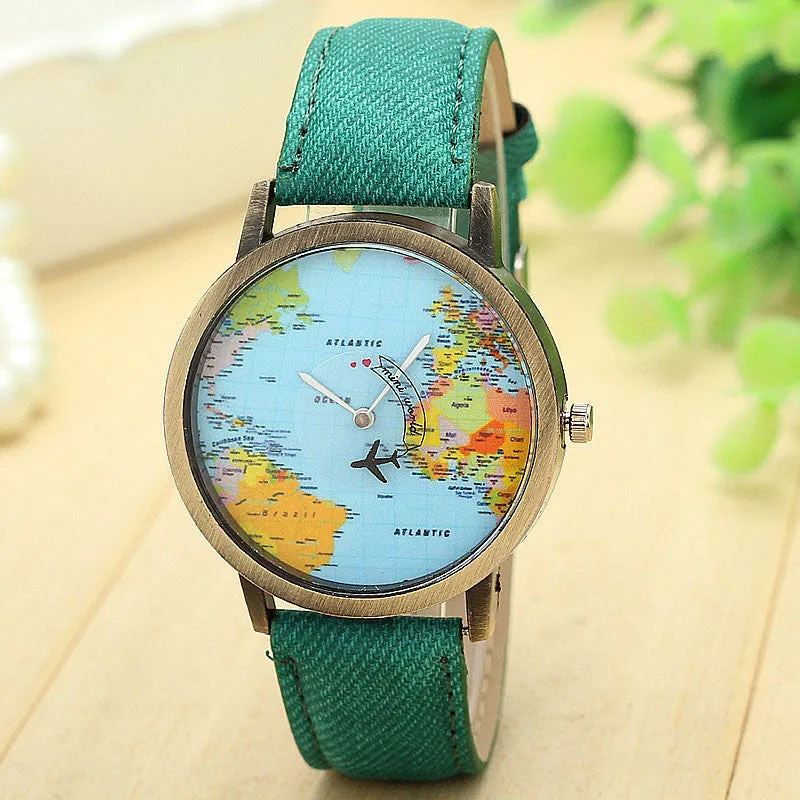 Top Vintage Watch Luxury Relojes Map Women Dress Watch Denim Fabric Band Global Travel By Plane Print Men Clocks