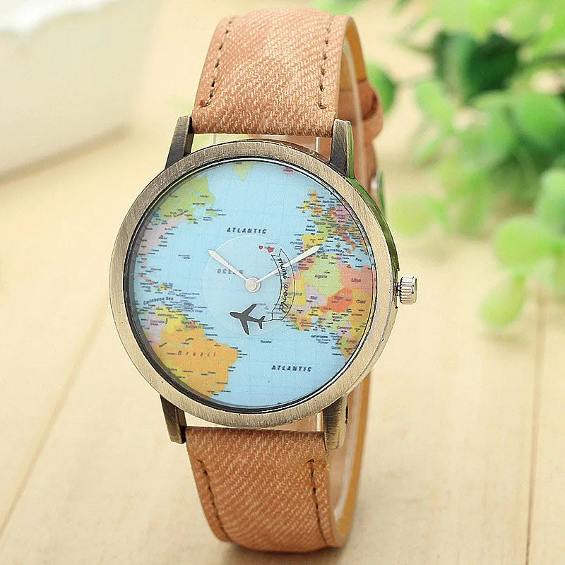 Top Vintage Watch Luxury Relojes Map Women Dress Watch Denim Fabric Band Global Travel By Plane Print Men Clocks